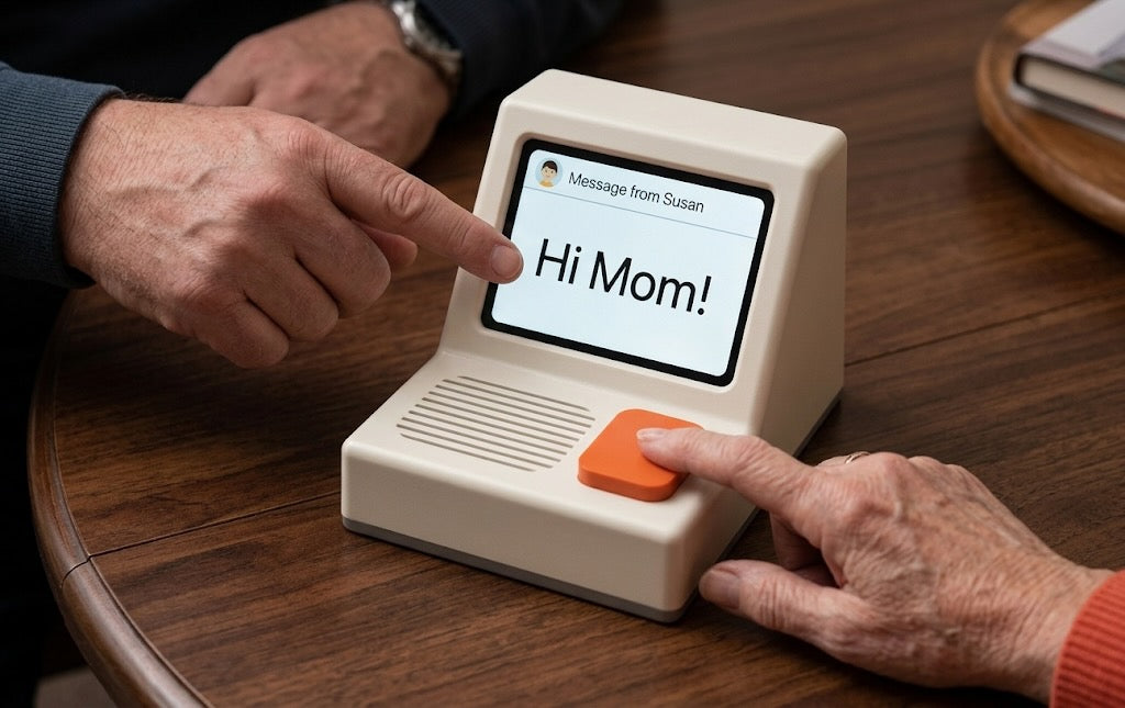 Two pairs of hands at a Memobox, one pointing at the screen and one pressing the orange button