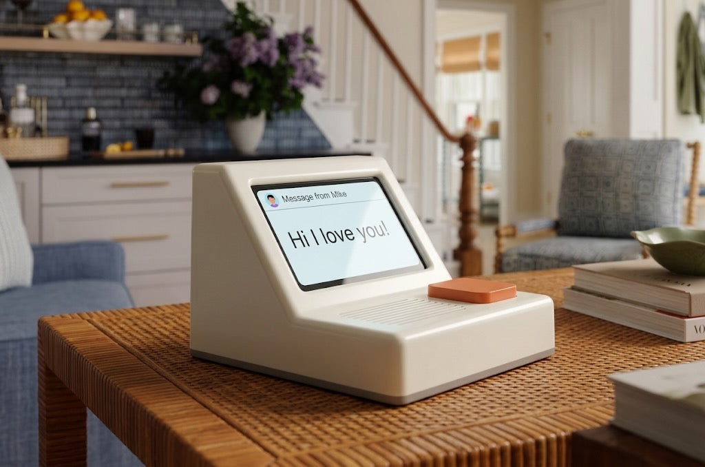 A Memobox on a rattan table in a bright living room