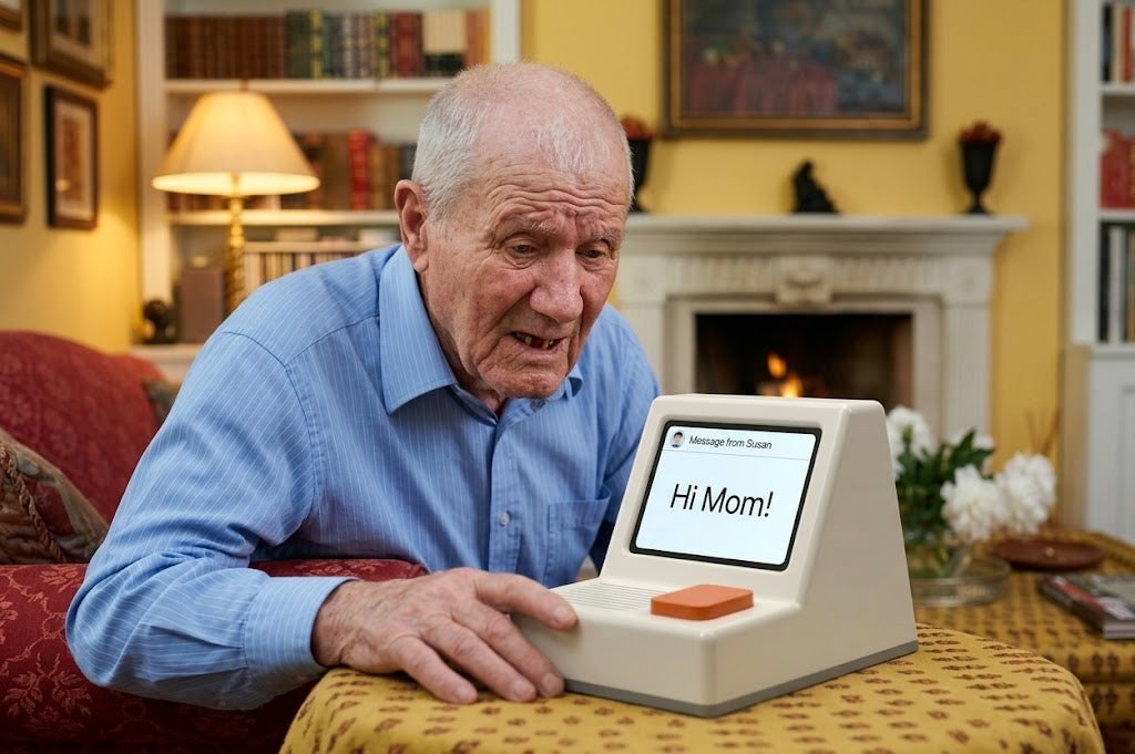 An older man beside his fireplace with his hand resting on his Memobox